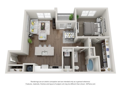 A 3D floor plan of a small apartment with a kitchen, living room, and bathroom.